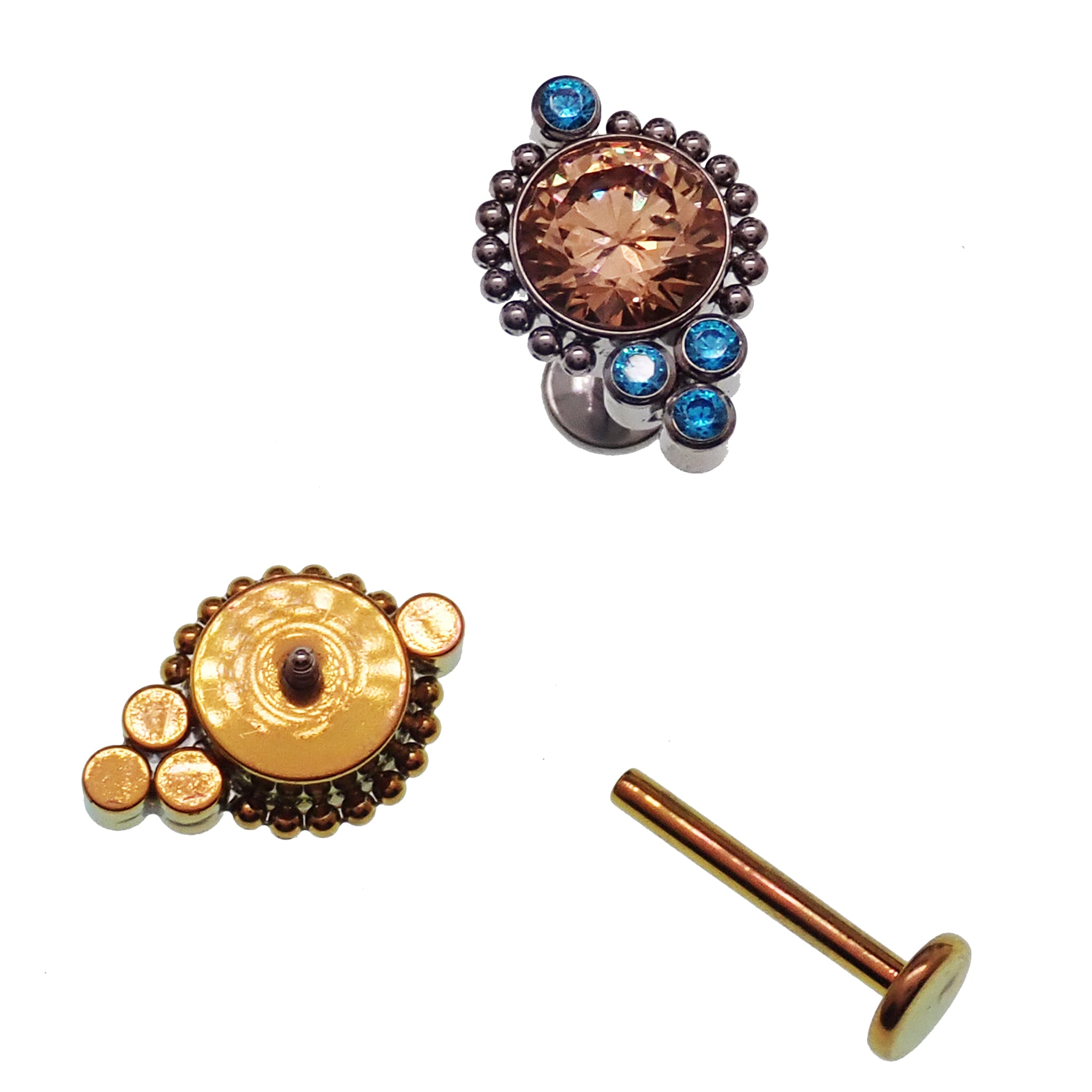 Beaded burnt orange and teal labret body jewelry by Body Clickers in 14g, 16g, and 18g gauges, displayed on a white background.