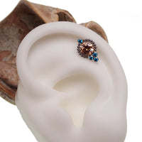 Beaded burnt orange and teal labret body jewelry by Body Clickers in 14g, 16g, and 18g sizes, featuring colorful bead details.