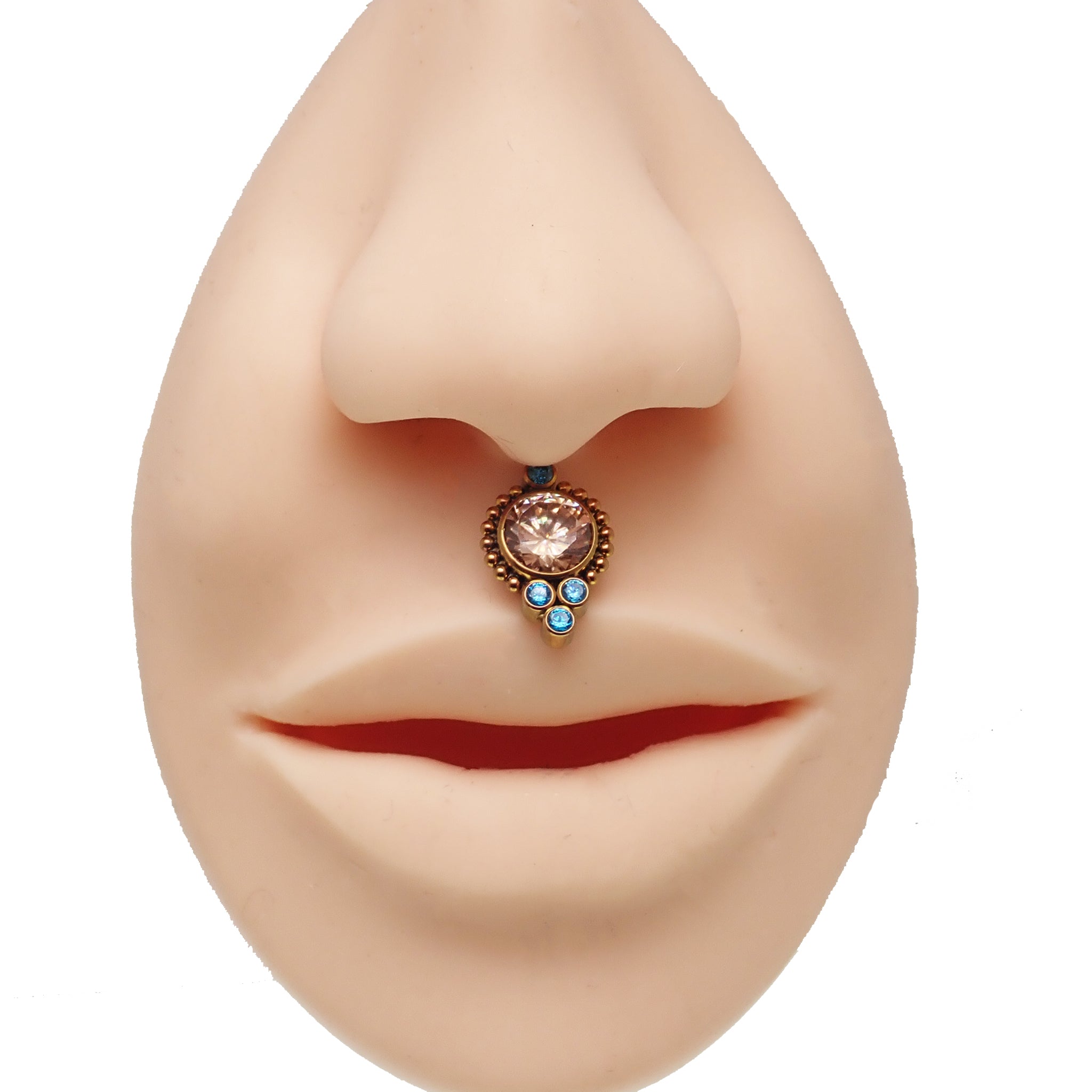 Beaded burnt orange and teal labret body jewelry by Body Clickers in 14g, 16g, and 18g gauges, featuring colorful beaded design.