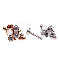 Beaded opal and crystal cluster flatback body jewelry piercing in 14g, 16g, 18g with white beads and sparkling crystals.