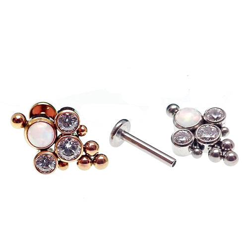Beaded opal and crystal cluster flatback body jewelry piercing in 14g, 16g, 18g with white beads and sparkling crystals.