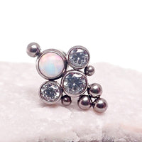 Beaded opal and crystal cluster flatback body jewelry piercing in 14g, 16g, 18g with beaded design and sparkling crystals.