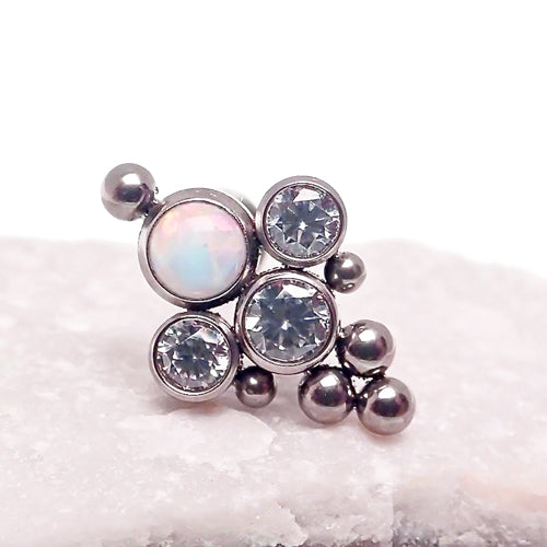 Beaded opal and crystal cluster flatback body jewelry piercing in 14g, 16g, 18g with beaded design and sparkling crystals.