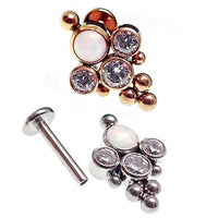 Beaded opal and crystal cluster flatback body piercing jewelry in 14g, 16g, 18g gauges, by Body Clickers.