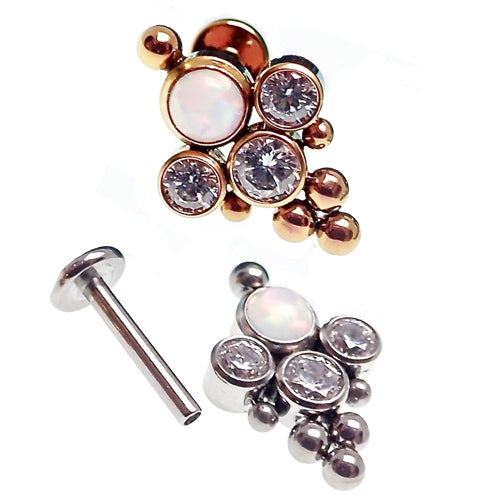 Beaded opal and crystal cluster flatback body piercing jewelry in 14g, 16g, 18g gauges, by Body Clickers.