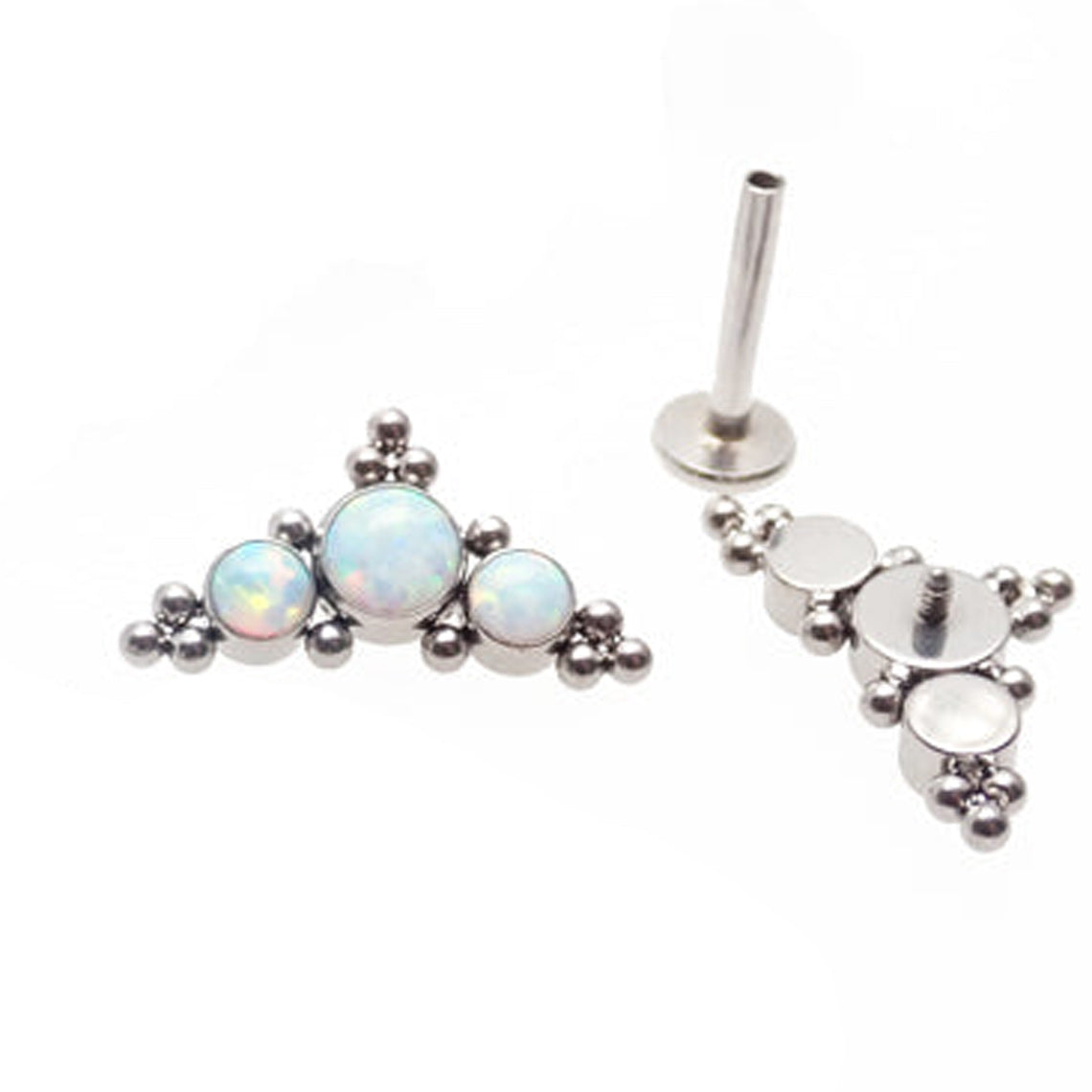Beaded Tri-Opal Cluster body jewelry by Body Clickers in 14g, 16g, 18g with a 6mm opal bead design.