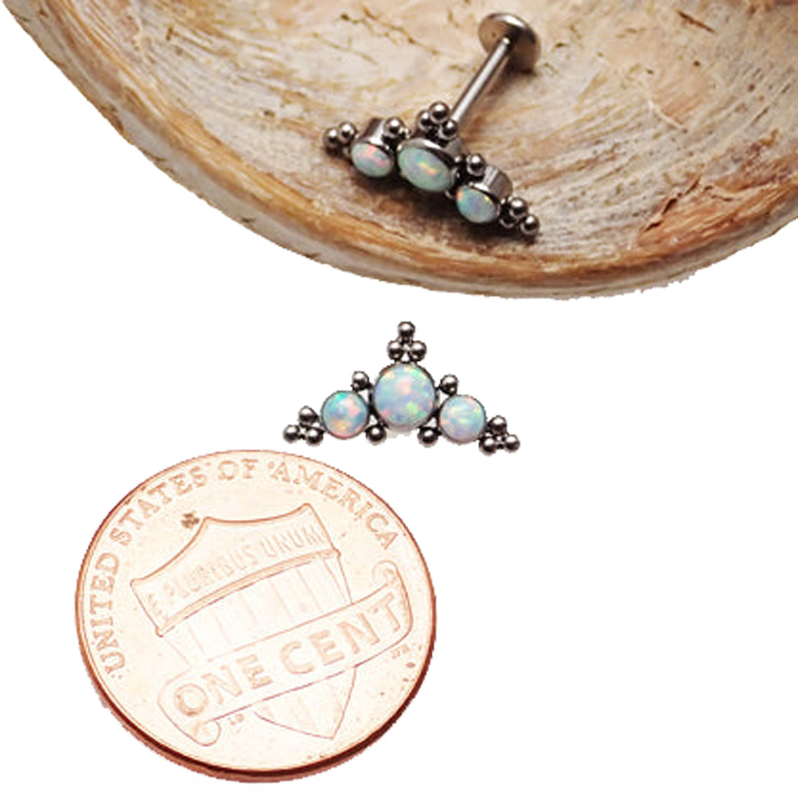 Beaded Tri-Opal Cluster body jewelry by Body Clickers in 14g, 16g, 18g with colorful beaded and opal accents.