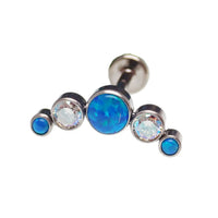 Blue Opal and Rainbow CZ helix cluster body jewelry in 14g, 16g, or 18g with a spiral design and colorful stones.