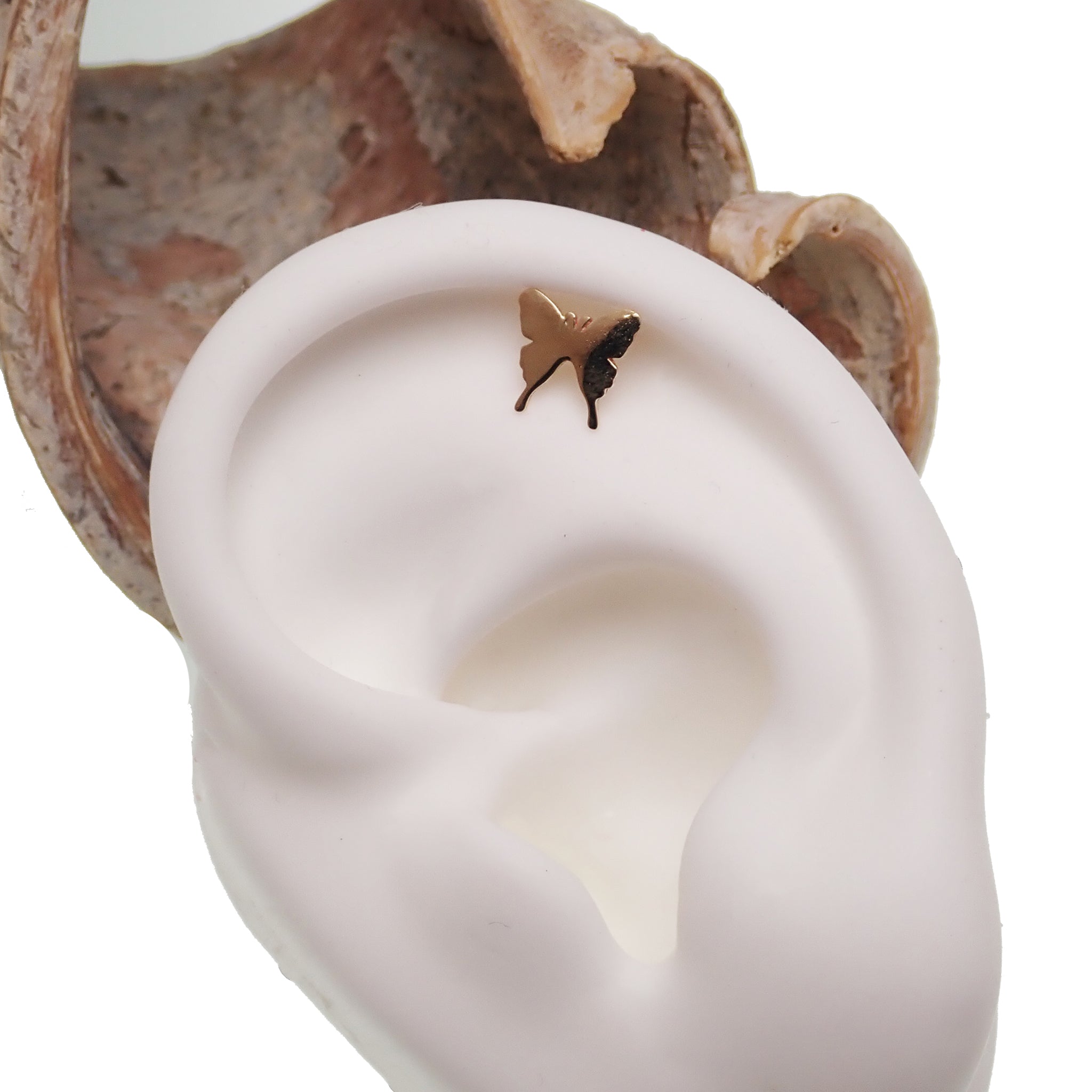 Butterfly 14k gold body jewelry with flat back in 14g, 16g, 18g, or 20g sizes, featuring a delicate butterfly design.
