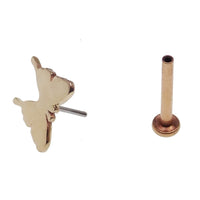 Butterfly 14k gold flat back body jewelry in 14g, 16g, 18g, or 20g sizes, featuring a shiny gold finish and butterfly design.