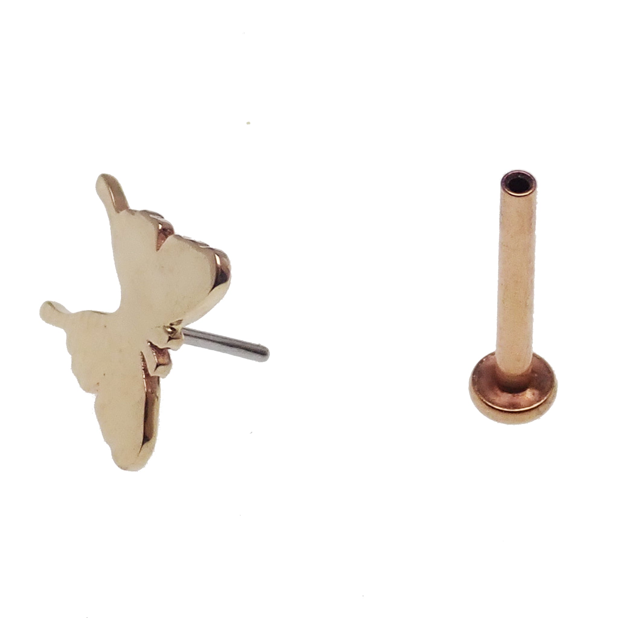 Butterfly 14k gold flat back body jewelry in 14g, 16g, 18g, or 20g sizes, featuring a shiny gold finish and butterfly design.