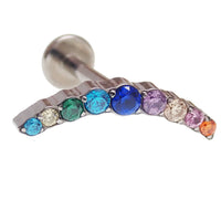 Colorful CZ 9-cluster flat back body jewelry by Body Clickers, available in 14g, 16g, and 18g sizes, with vibrant gemstone accents.