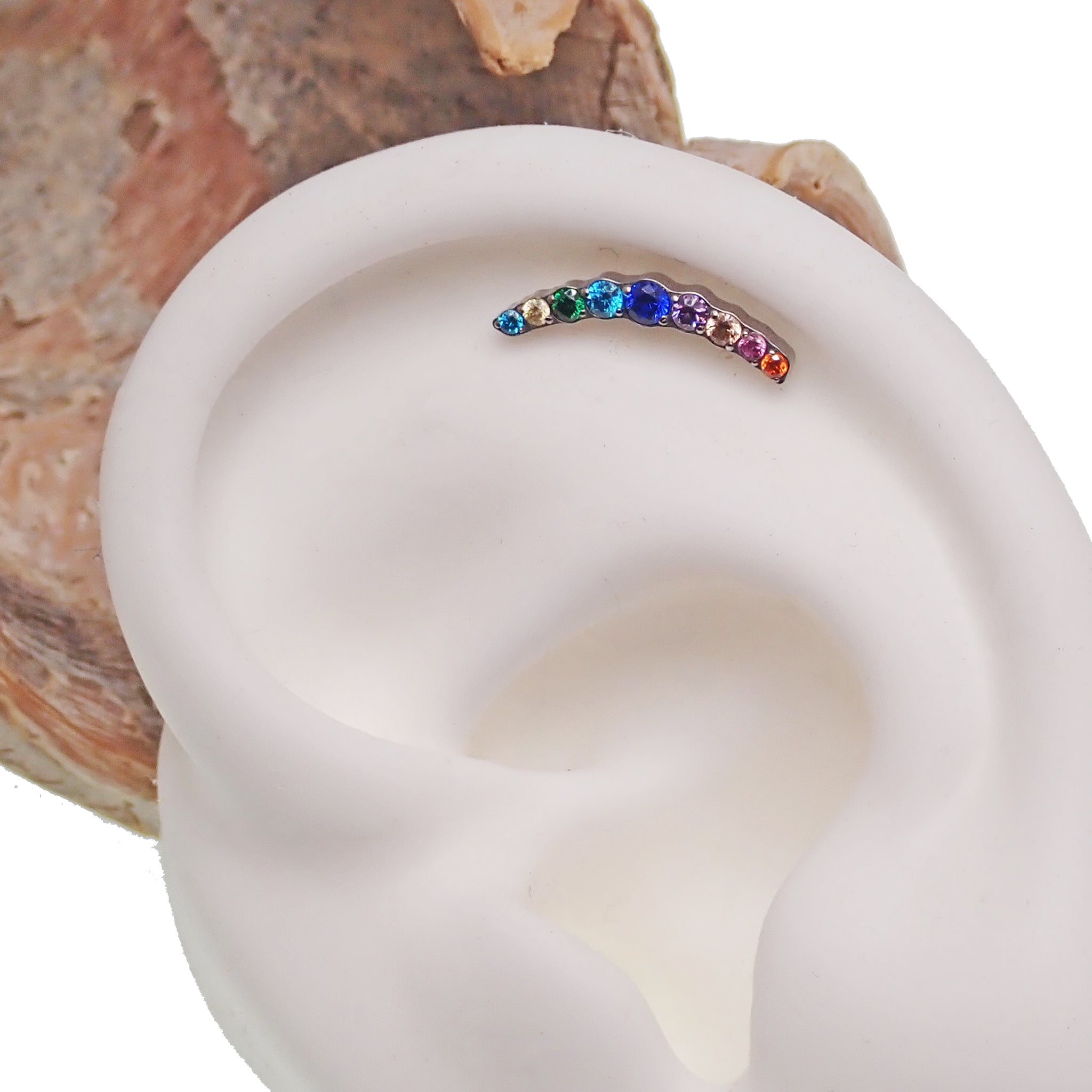 Colorful CZ 9-cluster flat back body jewelry by Body Clickers in 14g, 16g, and 18g sizes, showcasing vibrant gemstone details.