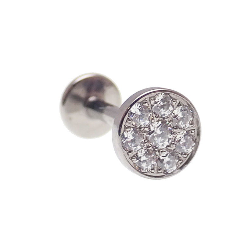 CZ cluster disc push fit flat back body jewelry in 14g to 20g with sparkling cubic zirconia accents, by Body Clickers.