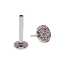 Body Clickers CZ Cluster Disc push fit body jewelry in 14g to 20g with flat back and sparkling CZ stones.