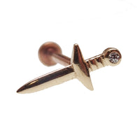 14k gold flat back dagger body jewelry by Body Clickers in 14g, 16g, 18g, or 20g gauges, shown with a sleek gold finish.