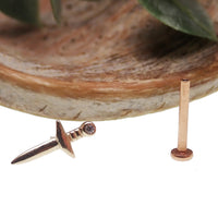 14k gold flat back dagger body jewelry by Body Clickers in 14g, 16g, 18g, and 20g sizes, shown in the image.