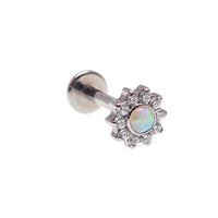 Set of three Body Clickers opalite peach and CZ flower and round push-fit body jewelry in 14g, 16g, 18g, and 20g sizes.