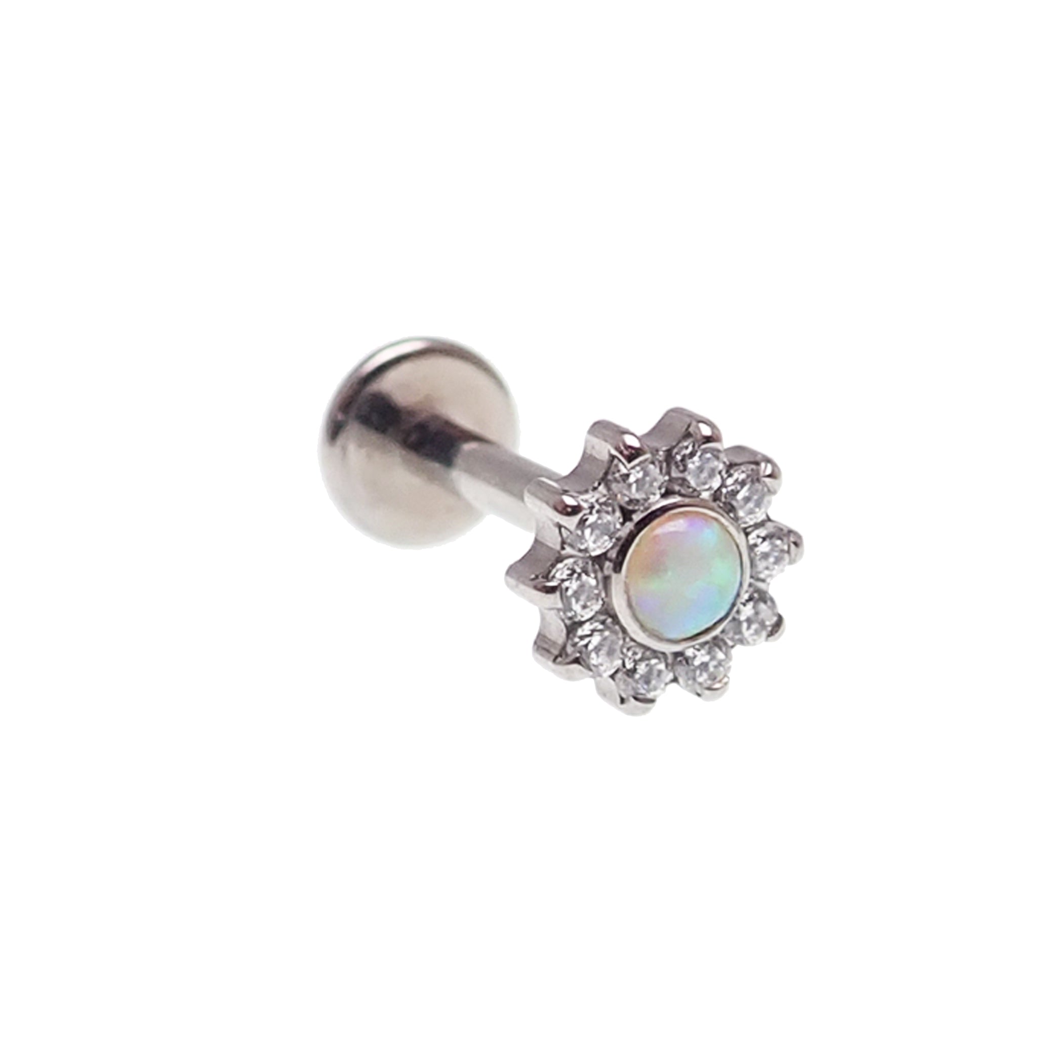 Set of three Body Clickers opalite peach and CZ flower and round push-fit body jewelry in 14g, 16g, 18g, and 20g sizes.