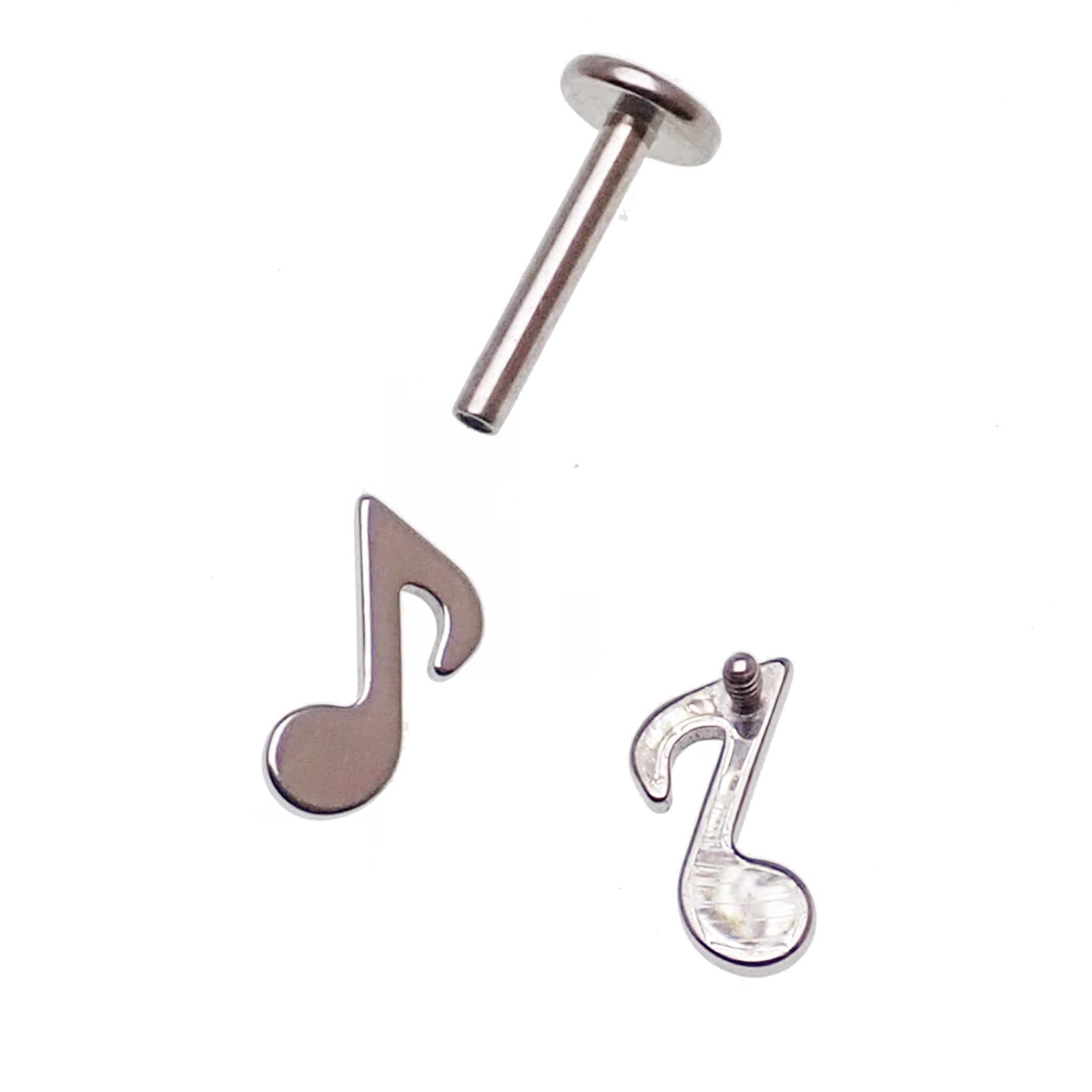 Titanium musical note flatback body jewelry by Body Clickers, 14g, 6mm, internally threaded implant jewelry.