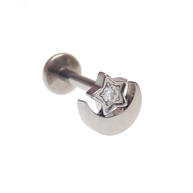 Body Clickers moon and star flat back body jewelry in 14g, 16g, and 18g with 6mm designs on a white background.