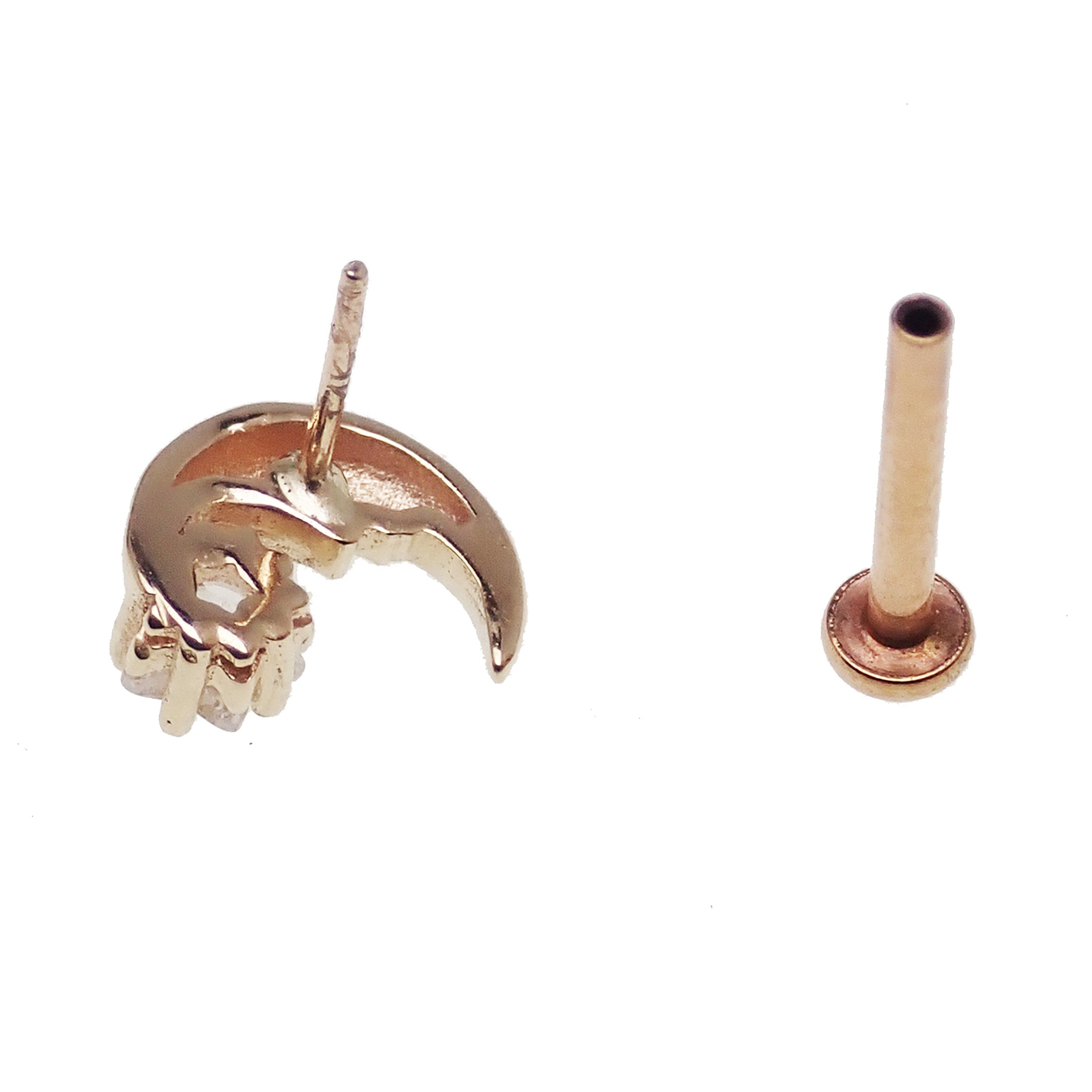 14k gold moon with face and star body jewelry, flat back design in 14g and 16g, by Body Clickers.