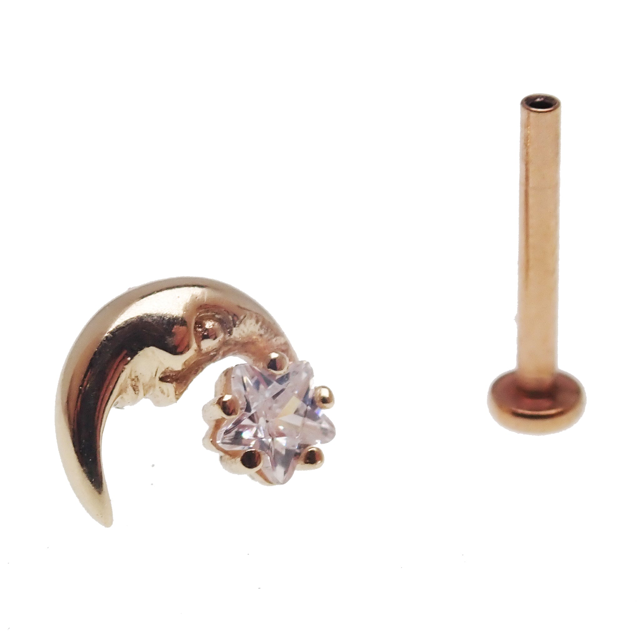 14k gold moon with face and star body jewelry, flat back designs in 14g and 16g sizes by Body Clickers.