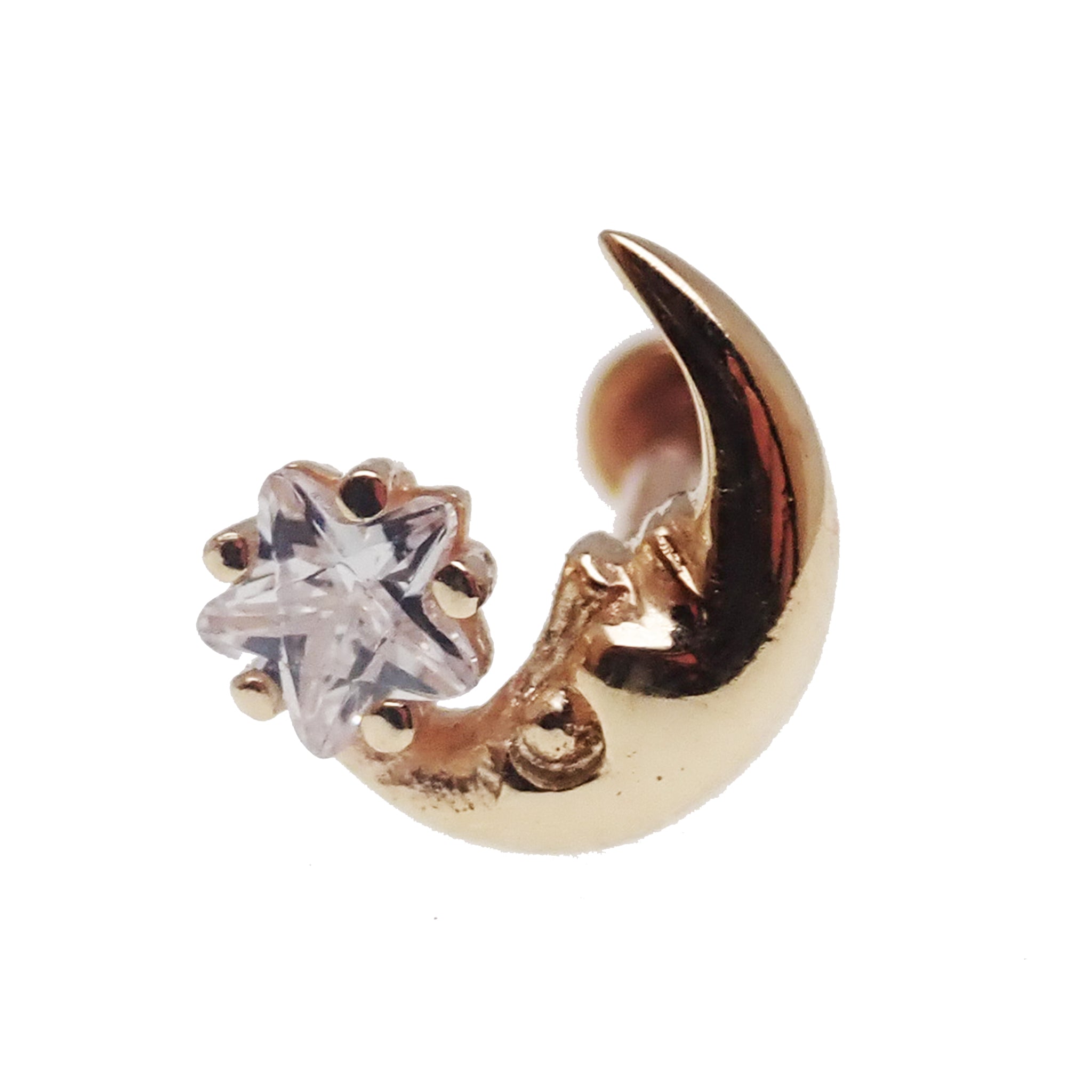 14k gold moon with face and star body jewelry, flat back design, available in 14g and 16g from Body Clickers