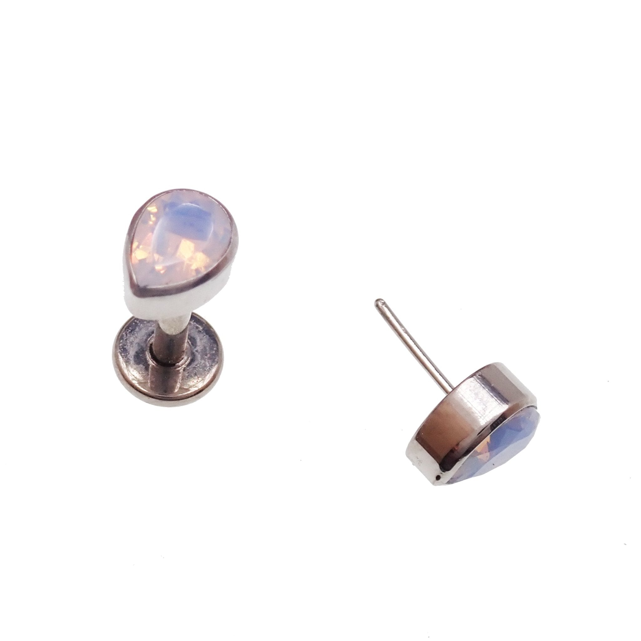 Opalite tear drop flat back push fit body jewelry in 14g, 16g, 18g, 20g sizes, displayed on a white background.