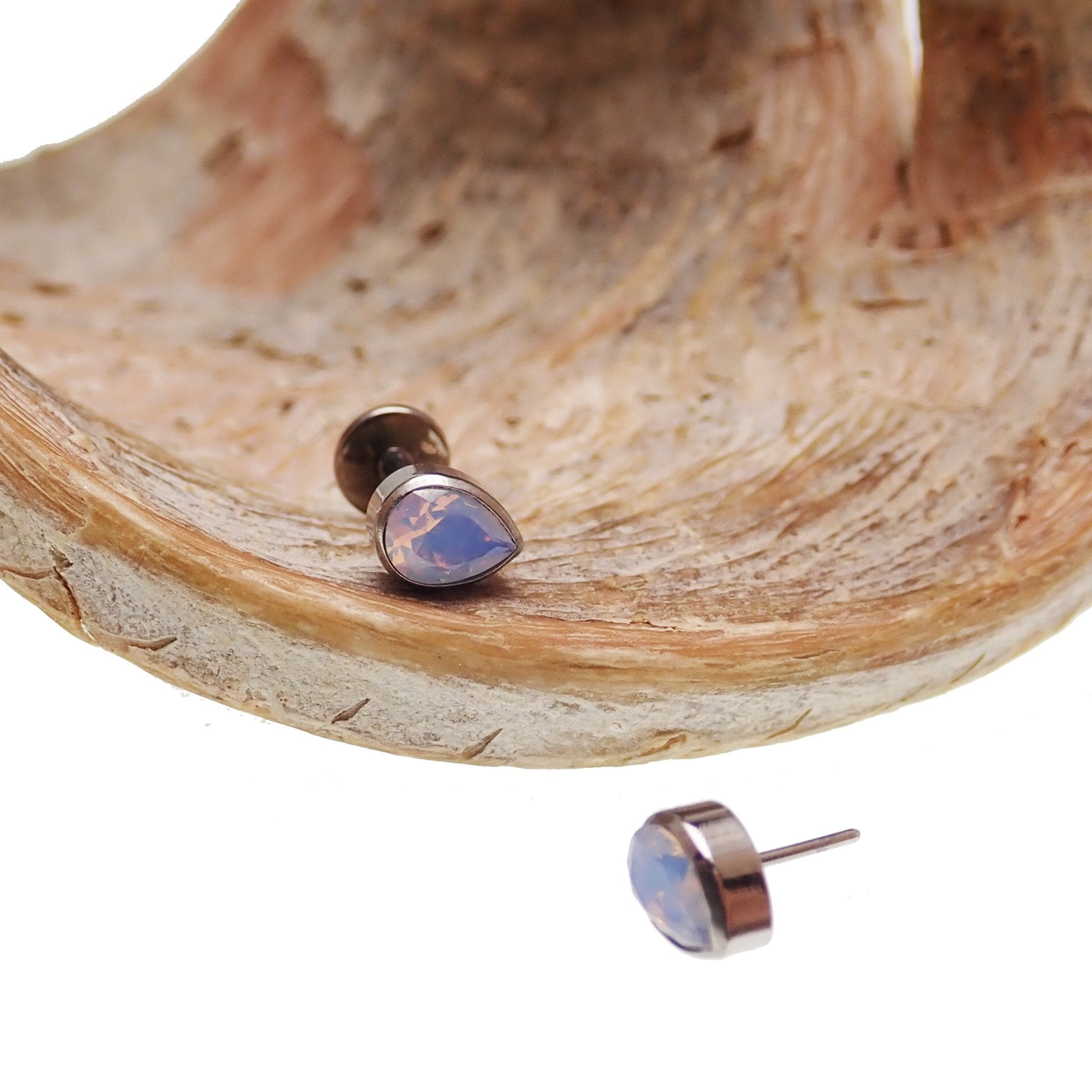 Opalite tear drop flat back push fit body jewelry in 14g, 16g, 18g, 20g by Body Clickers, shown in various gauges and sizes.