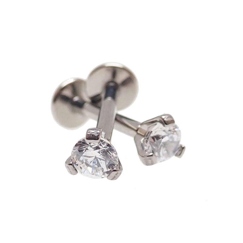 Pair of titanium body jewelry with clear CZ gems, flat back push fit in 14g, 16g, 18g, and 20g sizes by Body Clickers.