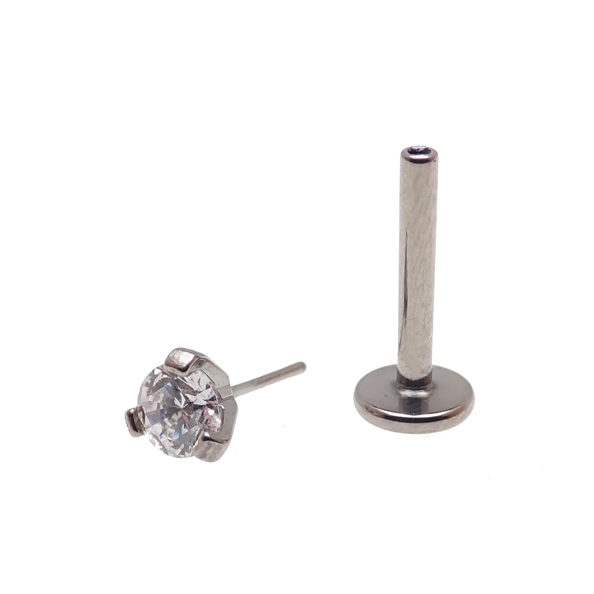 Pair of Body Clickers titanium body jewelry with clear CZ gems, flat back push fit in 14g, 16g, 18g, or 20g gauges.