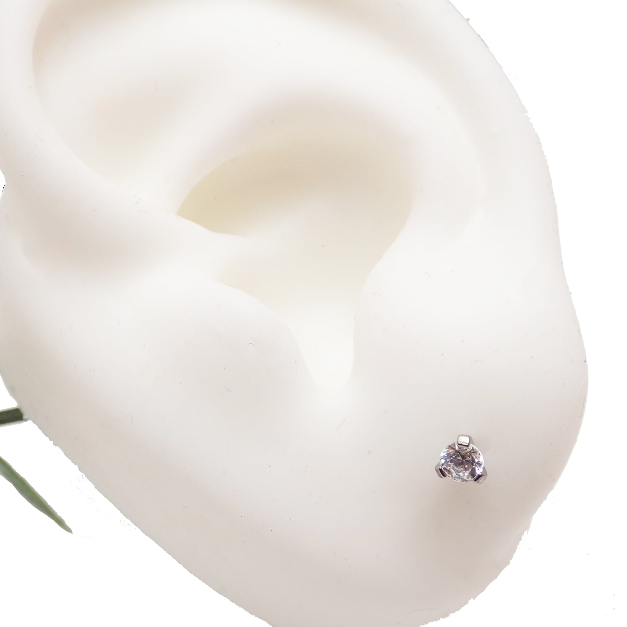 Pair of Body Clickers titanium body jewelry with clear CZ gems, flat back push fit in 14g, 16g, 18g, and 20g sizes.
