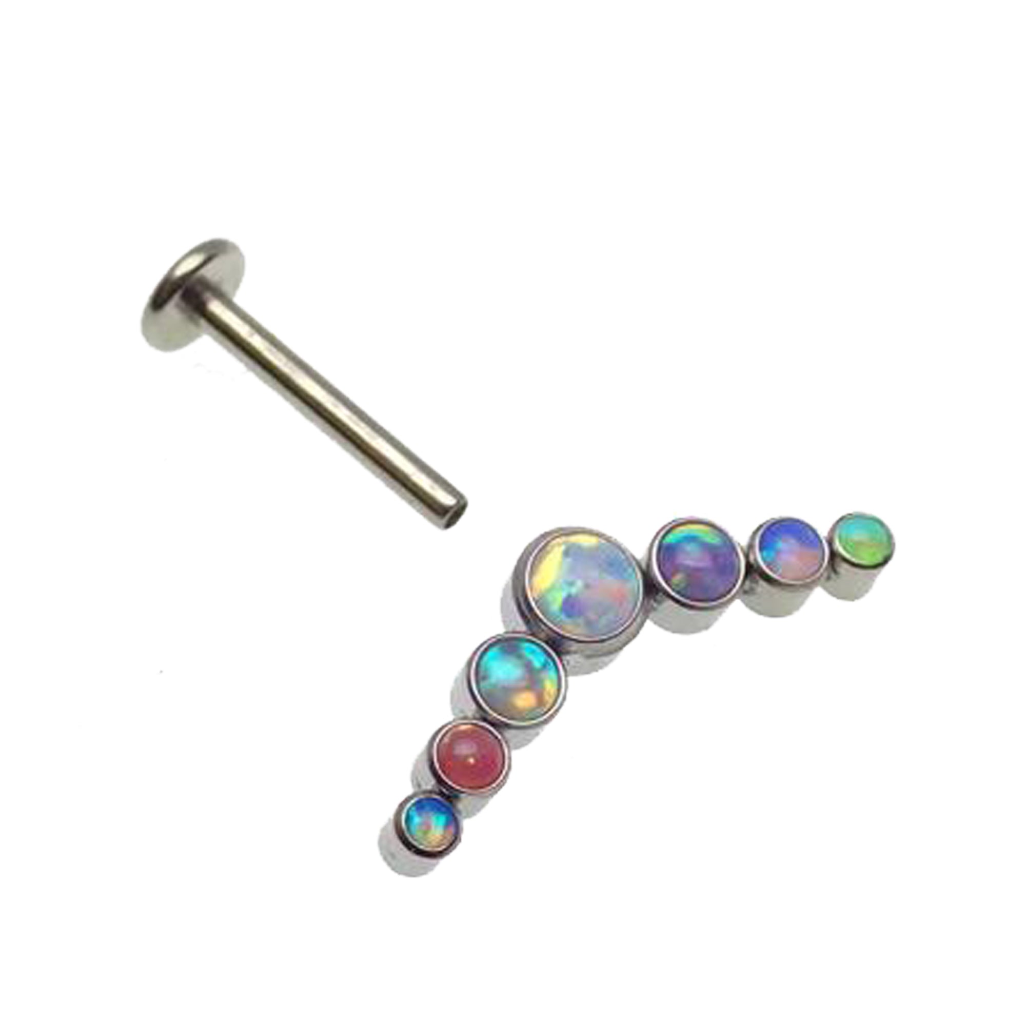 Pastel 7-cluster flatback body piercing by Body Clickers in 14g, 16g, and 18g sizes, featuring colorful gemstone clusters.