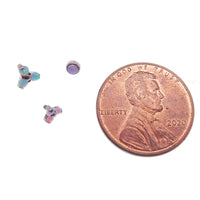 Set of 3 Body Clickers body jewelry with angel opal and bubblegum opal clusters in 14g, 16g, and 18g sizes.