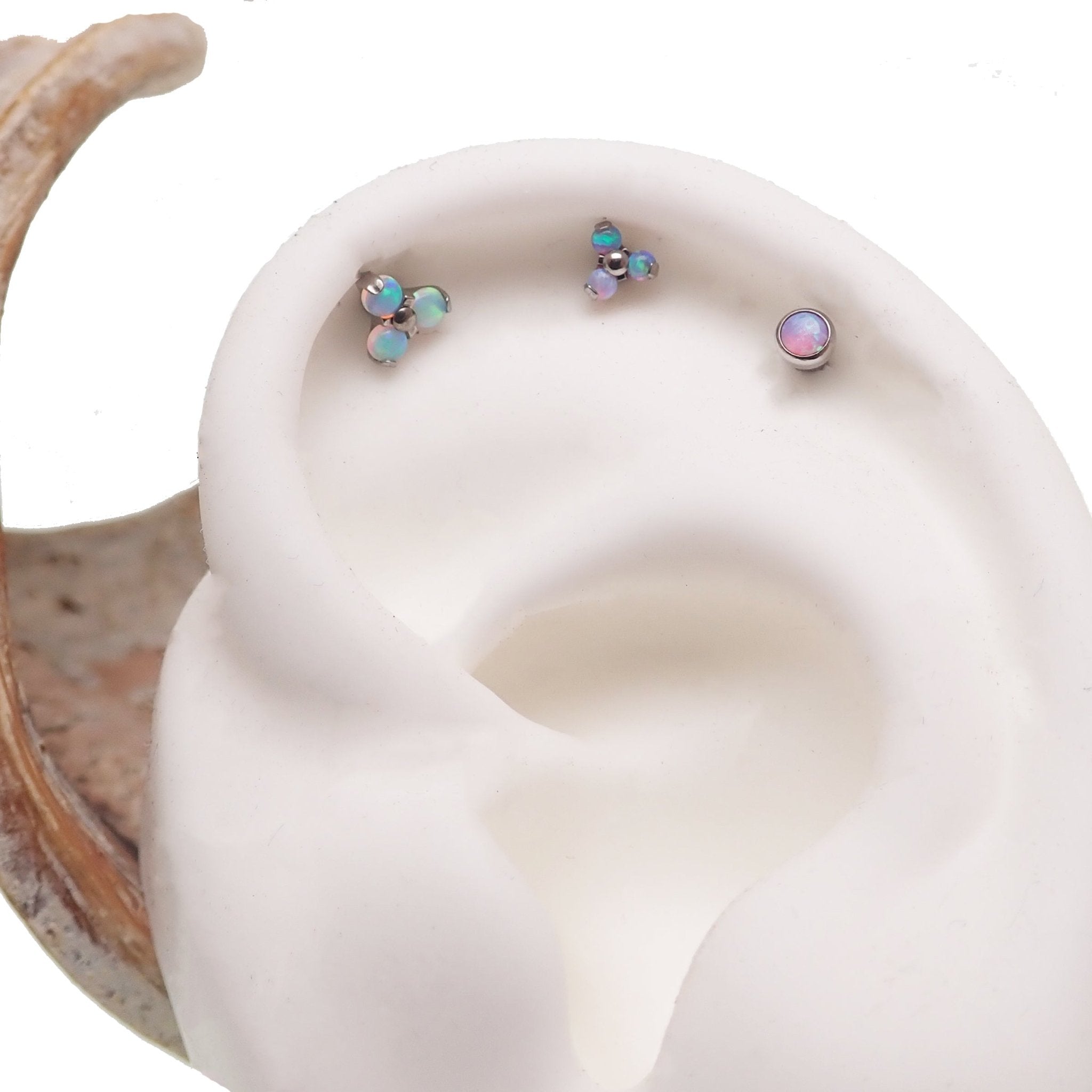 Set of 3 Body Clickers body jewelry with angel opal and bubblegum opal clusters in 14g, 16g, and 18g sizes with 6mm beads.