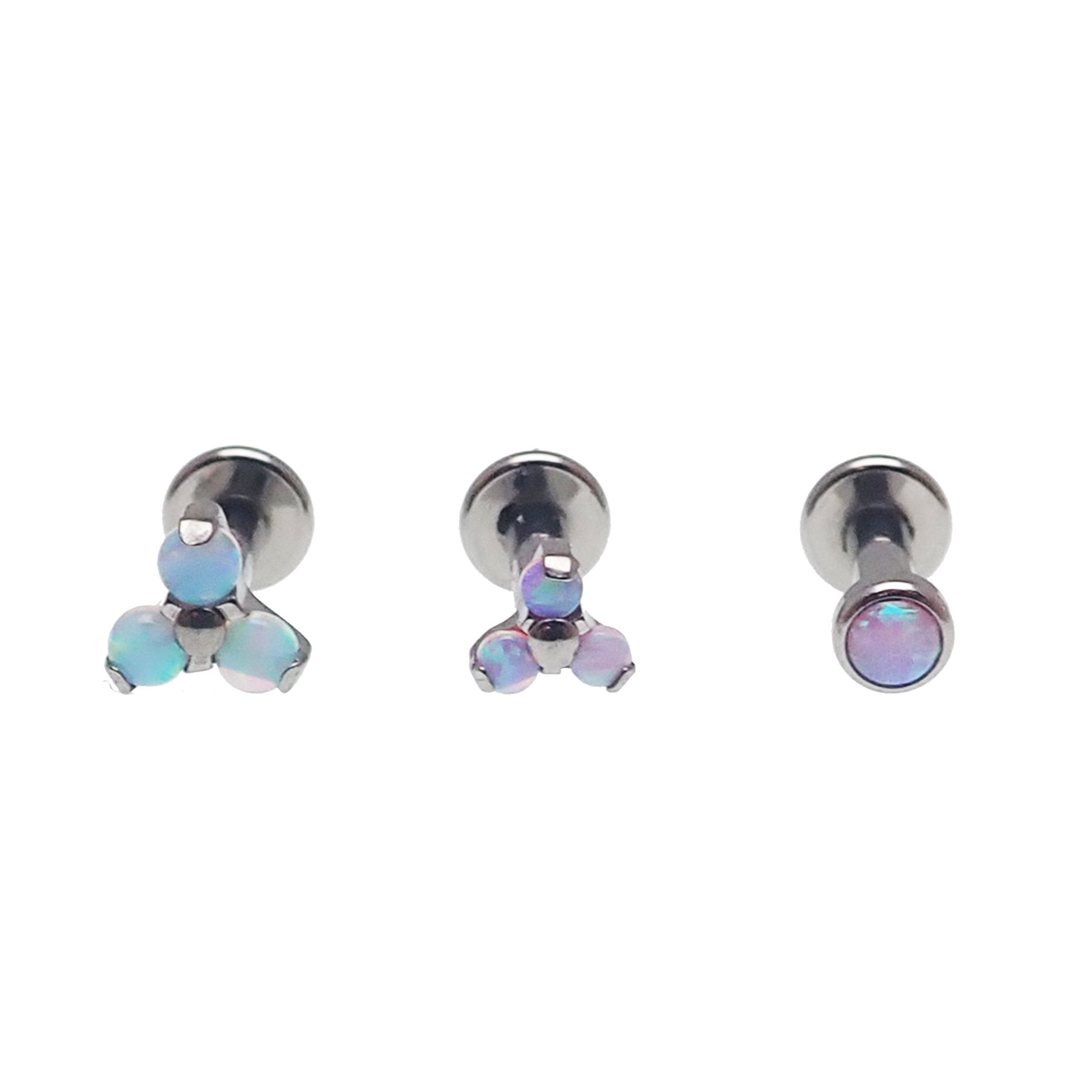 Set of 3 Body Clickers body jewelry with angel opal and bubblegum opal clusters in 14g, 16g, and 18g sizes.