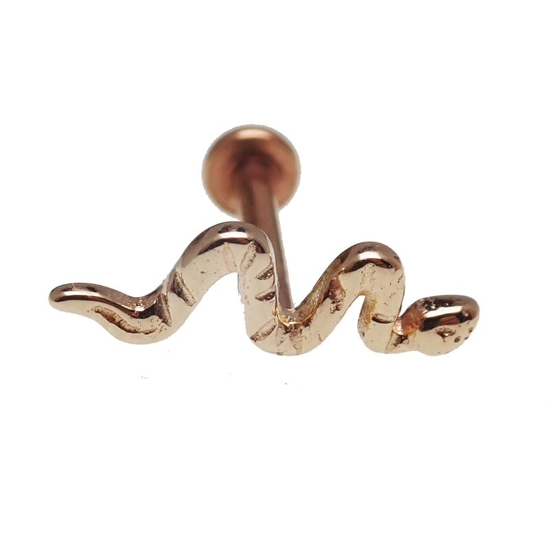 14k gold Snake body jewelry with flat back, available in 14g, 16g, 18g, and 20g gauges, by Body Clickers.