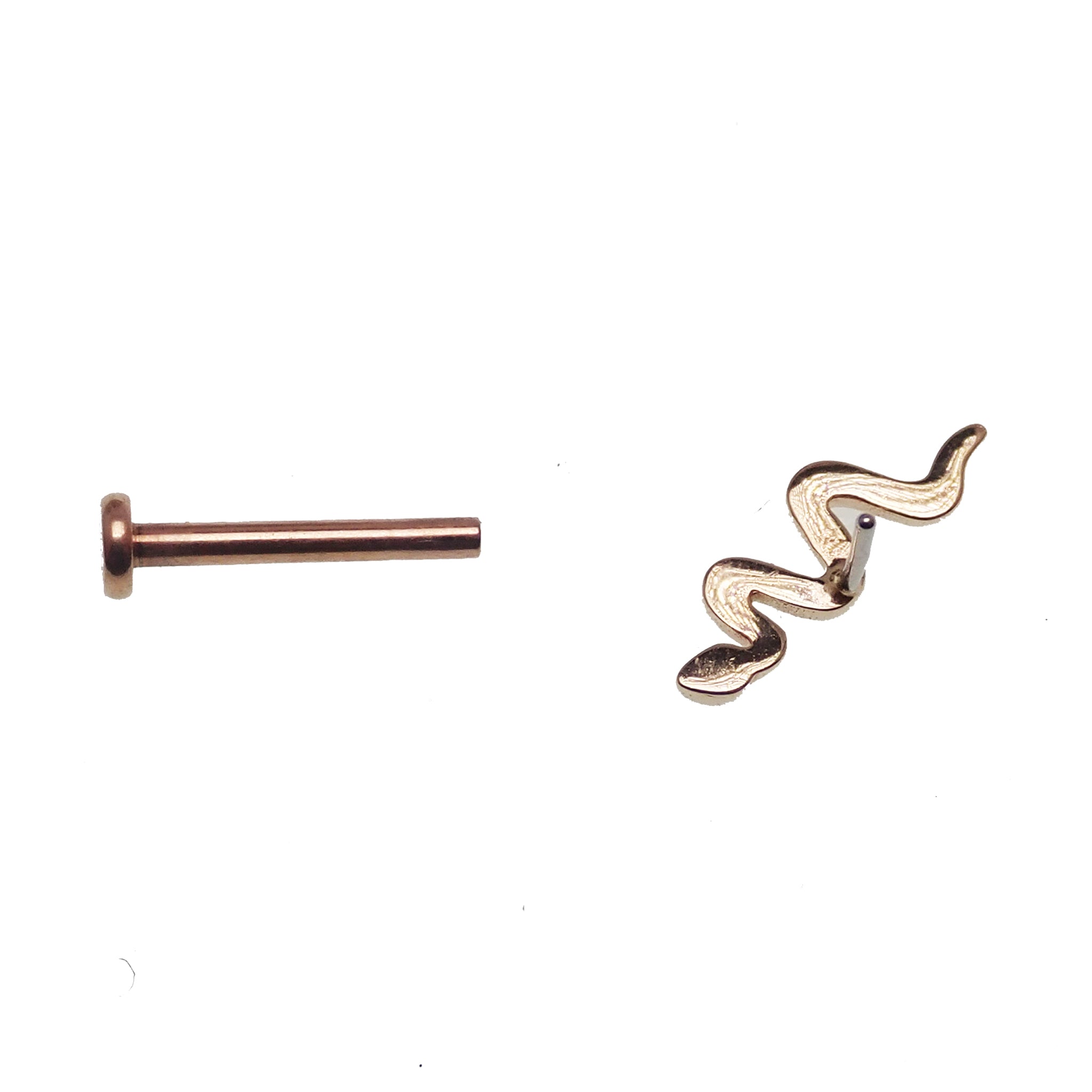 14k gold Snake body jewelry with flat back in 14g, 16g, 18g, or 20g sizes, featuring a sleek, curved design for body piercings.