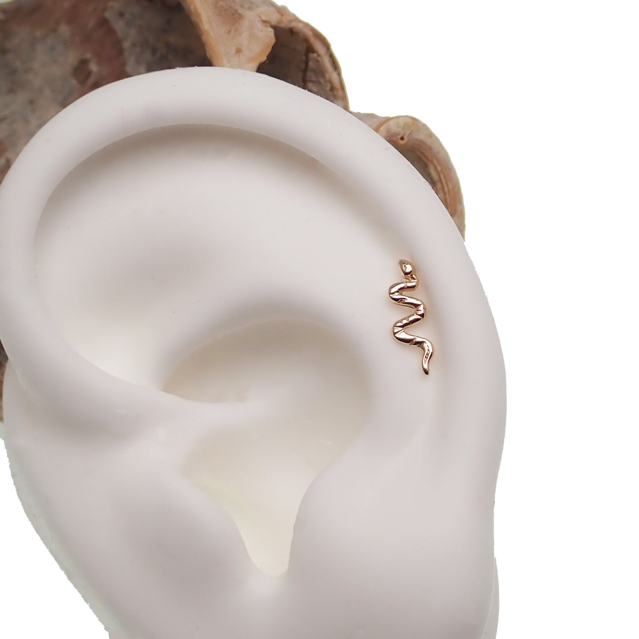 14k gold snake body jewelry with flat back in 14g, 16g, 18g, or 20g, featuring a sleek design and various gauge sizes.