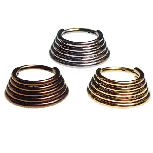 5-tier stacked hinged titanium clicker body jewelry in 16g and 14g, featuring a sleek, modern design with multiple tiers.