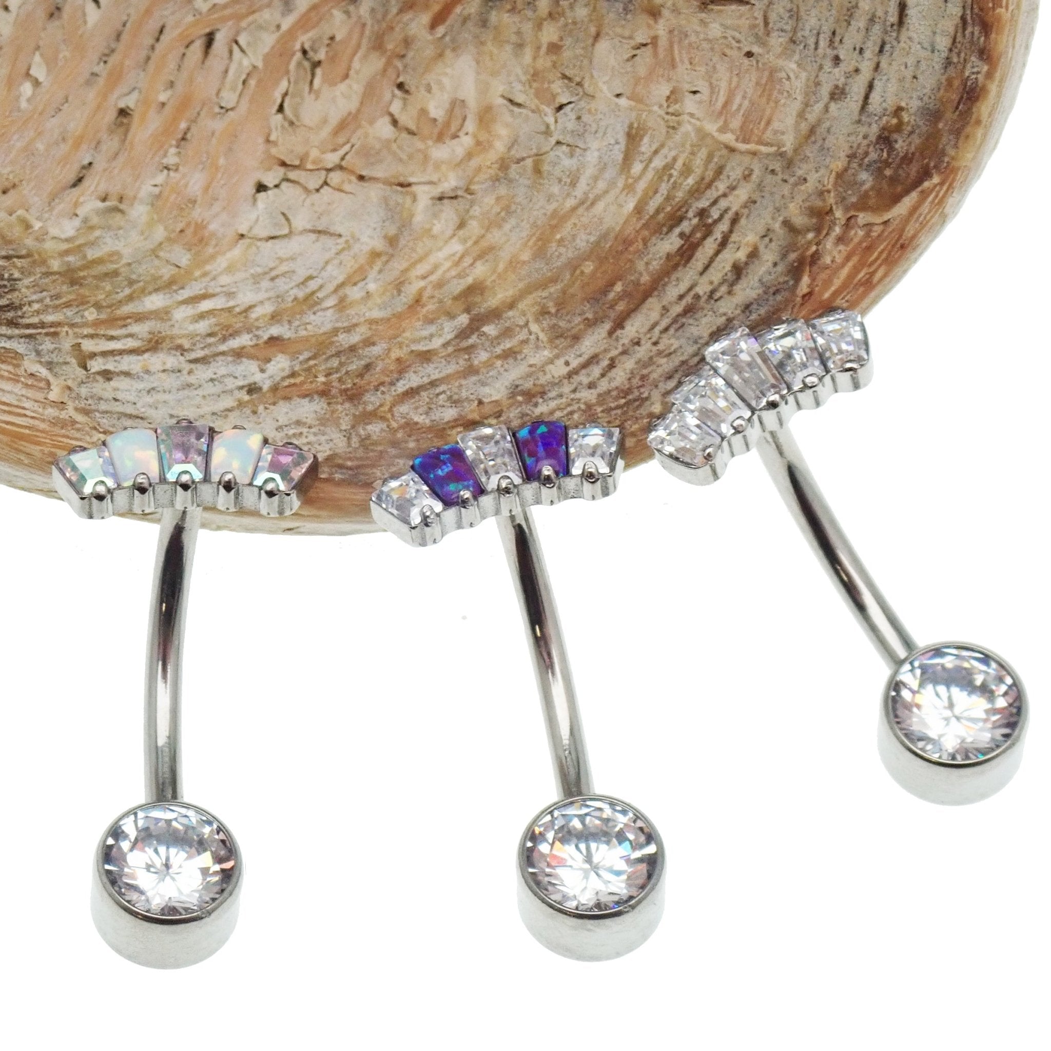 Titanium push fit belly bar with clear marquise CZ stones, available in 14g and 16g, body jewelry by Body Clickers.