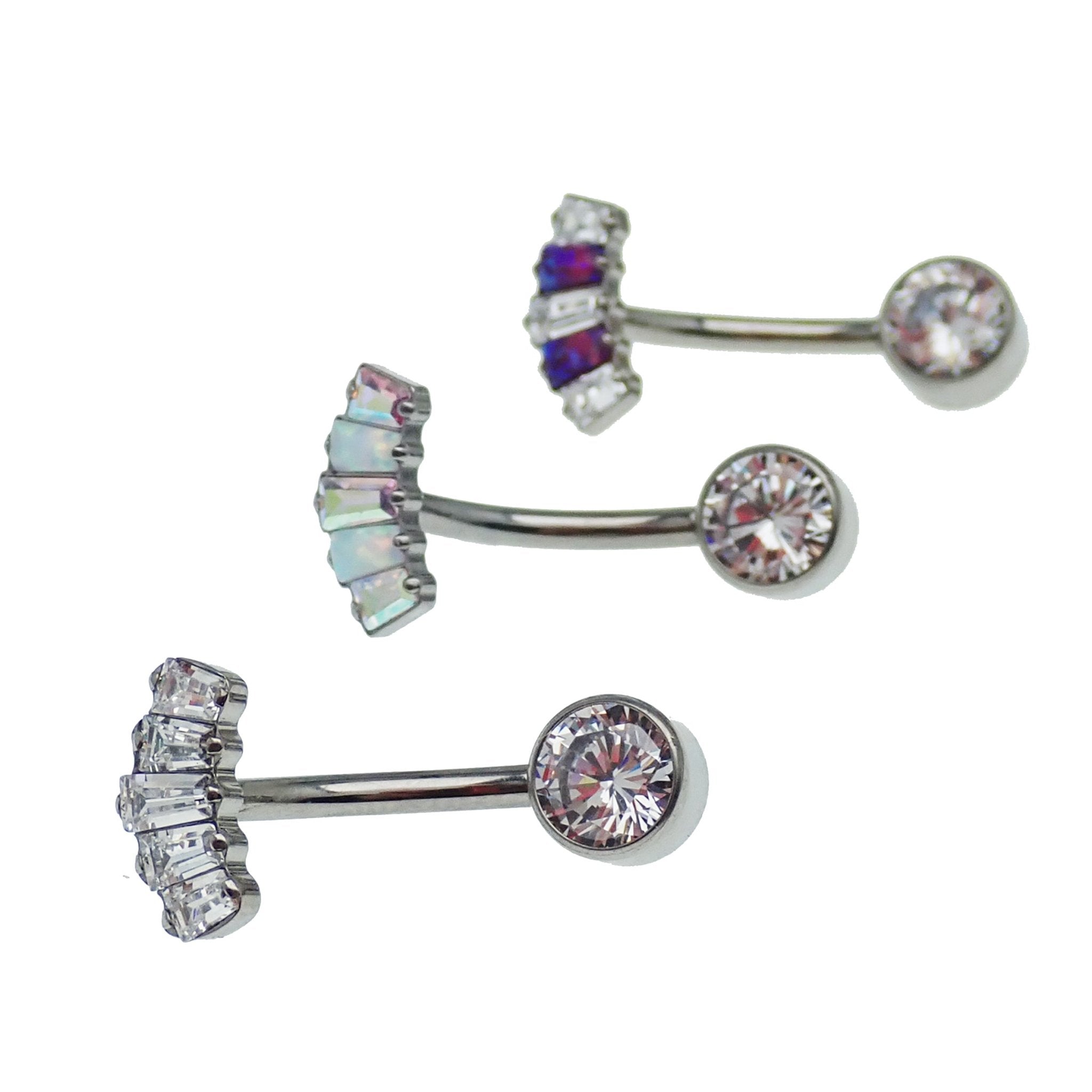 Titanium push fit belly bar with clear marquise CZ and 14g or 16g gauge, body jewelry by Body Clickers.