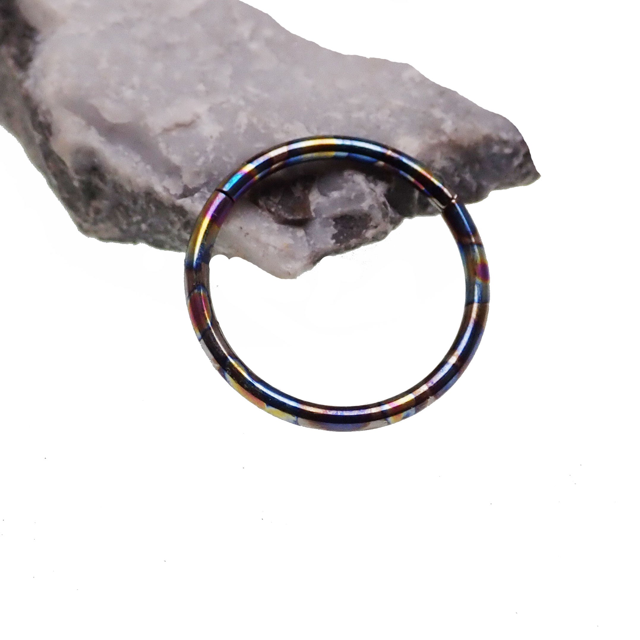 Oil Slick Anodized Titanium Body Jewelry Clicker in 14g, 16g, 18g with 8mm gauge, featuring colorful, reflective anodized finish