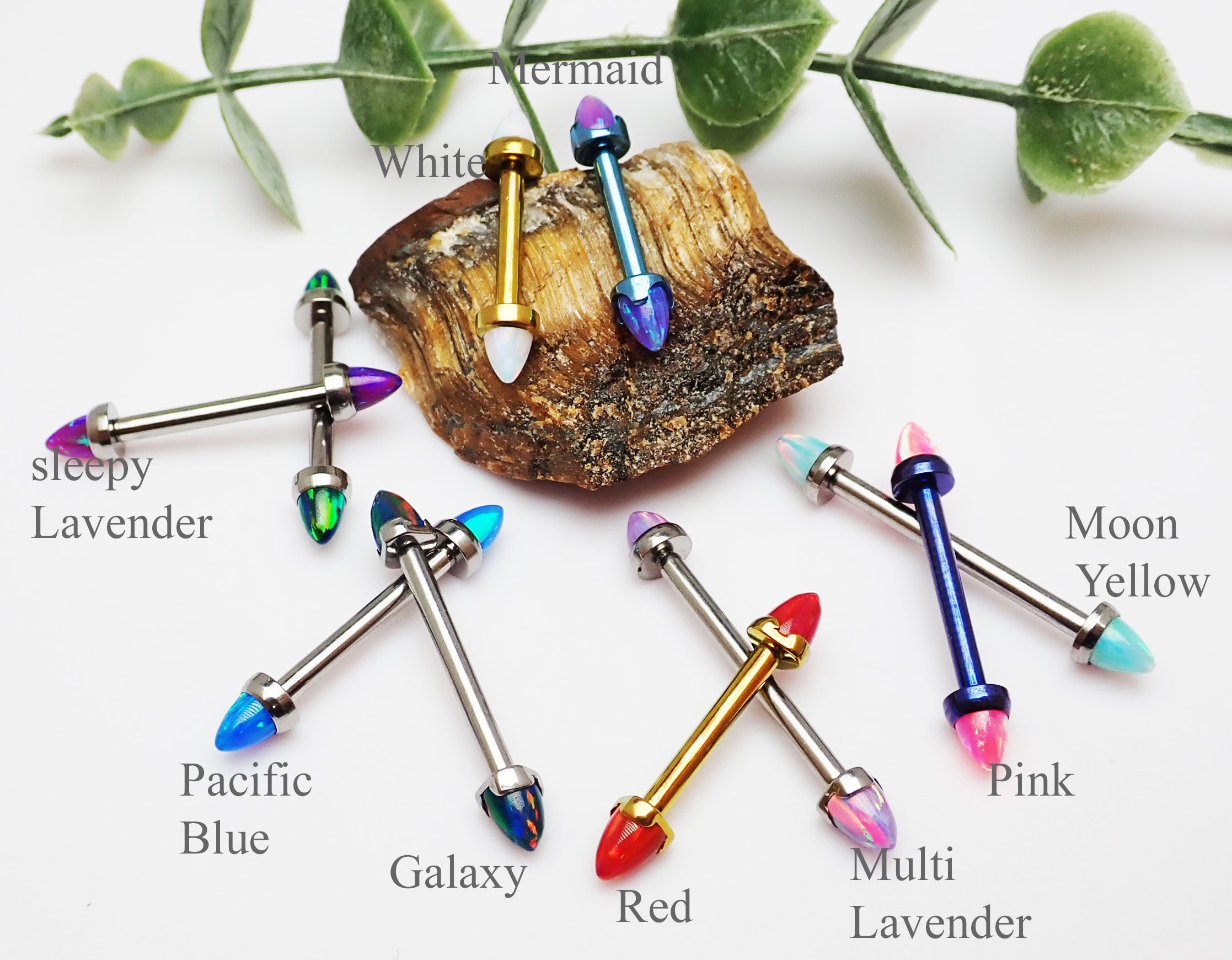 Sleepy Lav Opal Titanium Nipple Cones by Body Clickers Body Jewelry, 14g, 8mm, featuring vibrant opal design and titanium material.