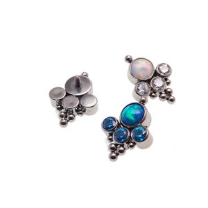 Implant titanium beaded opal and CZ cluster labret body jewelry in lavender with 0.9mm internal threading, by Body Clickers.