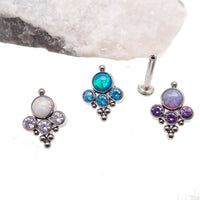 Body Clickers implant titanium beaded opal and CZ cluster labret in lavender, 14g internally threaded body jewelry with 6mm beads.