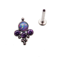 Titanium beaded opal and CZ cluster labret body jewelry in lavender with internally threaded 0.9mm thread, by Body Clickers.