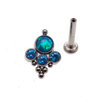 Body Clickers titanium beaded opal and CZ cluster labret body jewelry, internally threaded 14g 6mm lavender labret.