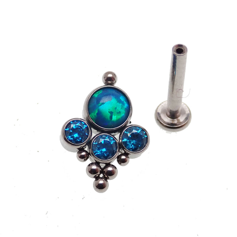 Body Clickers titanium beaded opal and CZ cluster labret body jewelry, internally threaded 14g 6mm lavender labret.